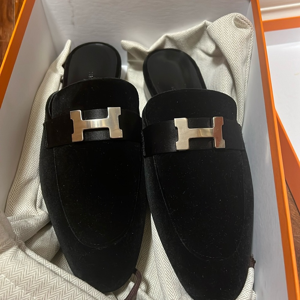 Hermes trocadero satin velvet mule